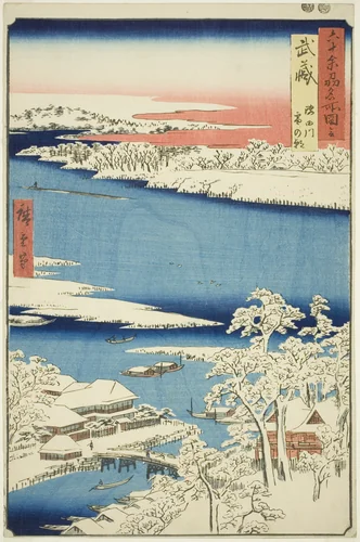 Musashi Province: Morning after Snow on the Sumida River (Musashi, Sumidagawa yuki no ashita), from the series "Famous Places in the Sixty-odd Provinces (Rokujuyoshu meisho zue)" by Utagawa Hiroshige (歌川広重), print, 1853
