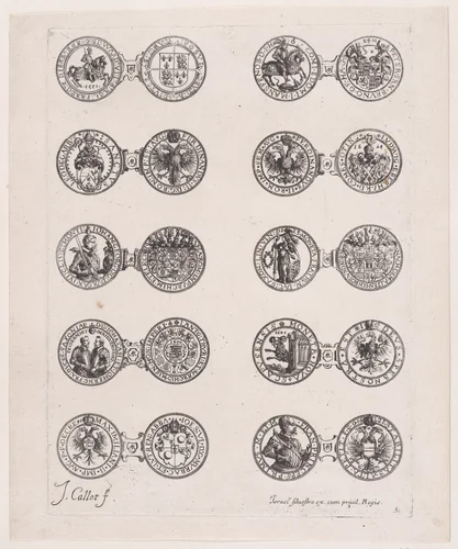 Plate 5, Featuring 10 Coins Issued by European Princes in the 16th and 17th centuries, from "Les Monnaies" (The Currencies) by Jacques Callot, print, 1625-1635