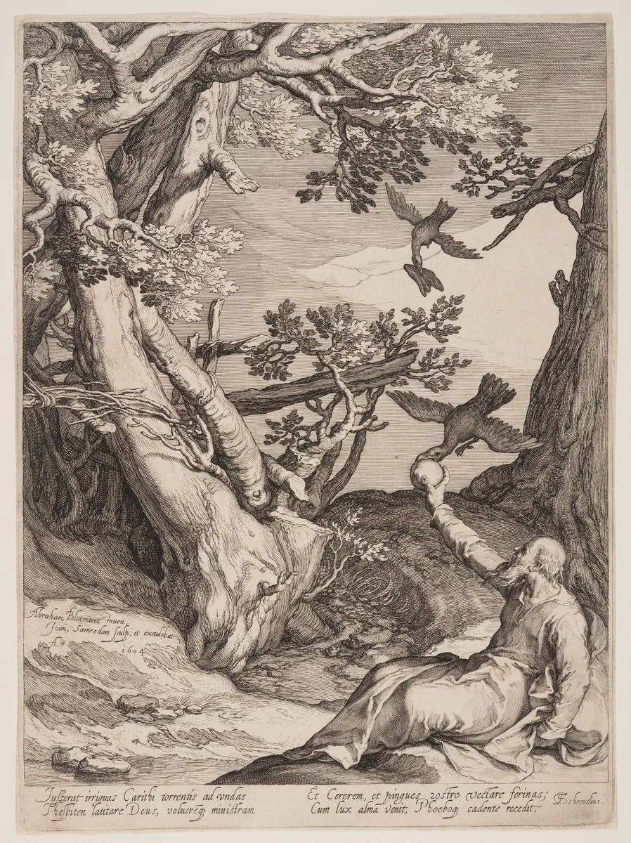 Elijah in the Wilderness Fed by Ravens, from Four Scenes from the Life of the Prophets, Isaiah, Ahajah and Elisha by Jan Saenredam, print, 1604