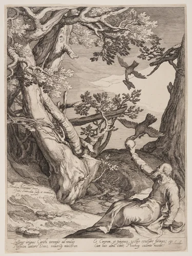 Elijah in the Wilderness Fed by Ravens, from Four Scenes from the Life of the Prophets, Isaiah, Ahajah and Elisha by Jan Saenredam, print, 1604