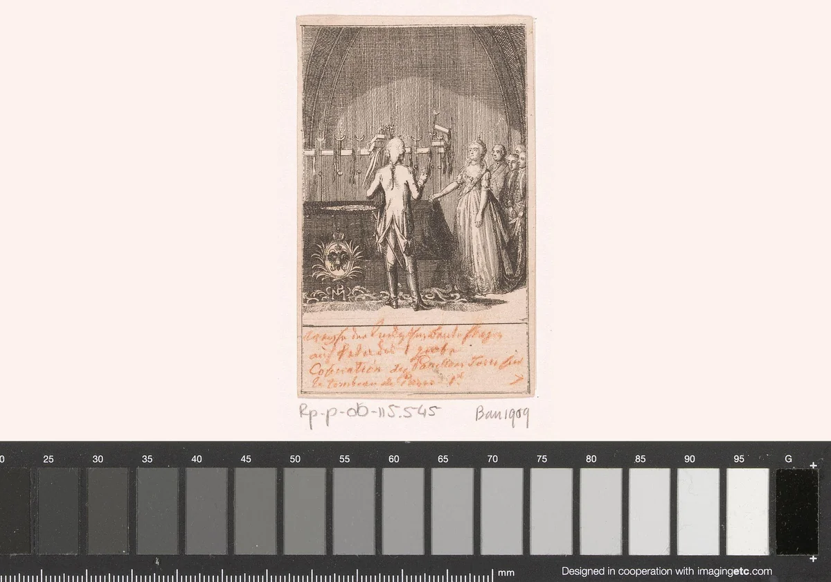 Catharina met Turkse vlaggen in het mausoleum van Peter de Grote by Daniel Nikolaus Chodowiecki, print, 1797