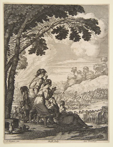 Illustration from "L'Ariane" by Desmarets de Saint-Sorlin; Palamede on Horseback Confronts His Enemies while Searching for Epicharis by Abraham Bosse, print, 1639