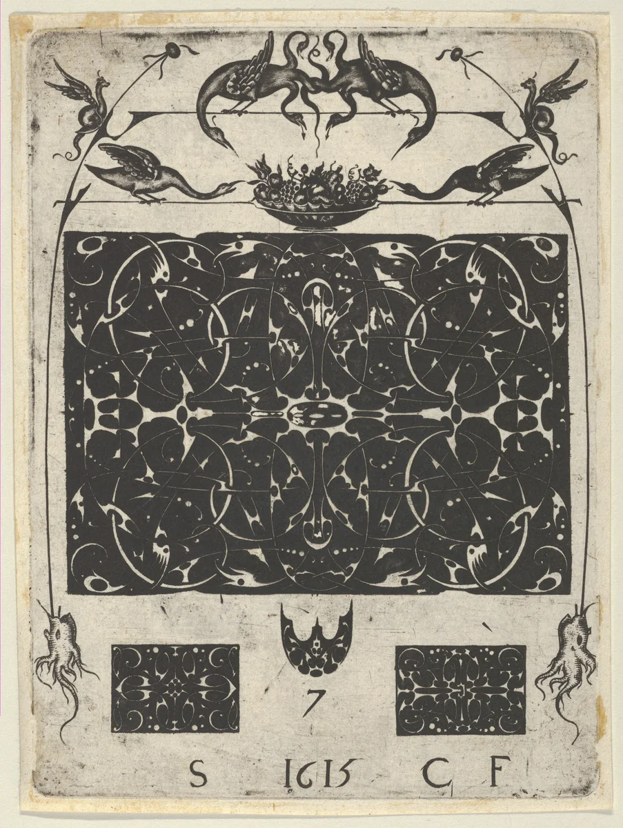Blackwork Print with Birds and Grotesques Atop a Horizontal Panel, from a Series of Blackwork Prints for Goldsmiths' Work by Etienne Carteron, print, 1615