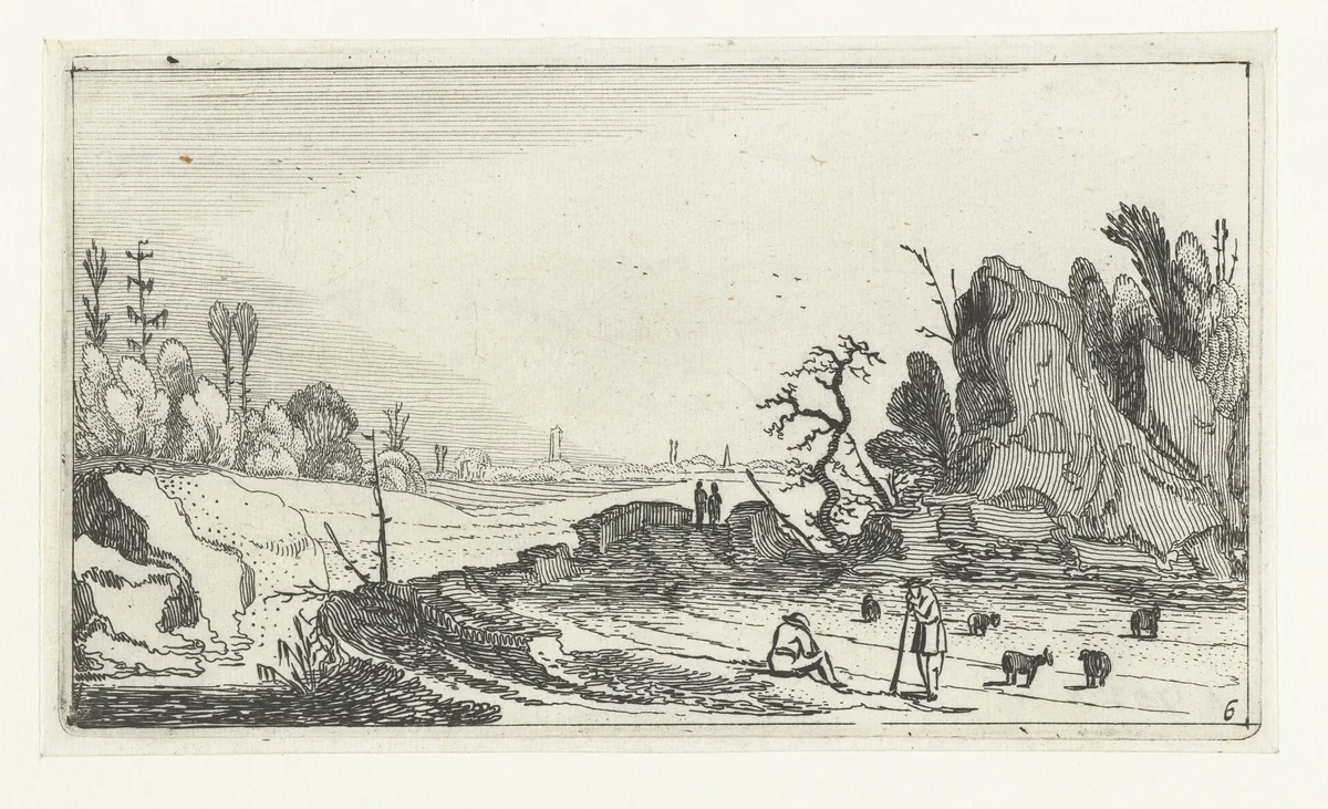 Herders met schapen bij rotsen by anonymous, print, 1610-1650