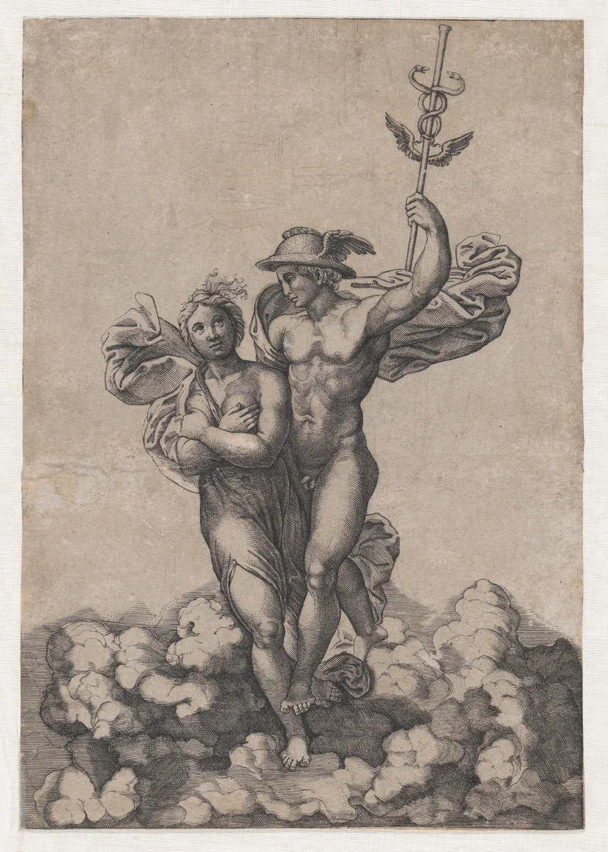 Mercury carrying Psyche to Olympus, after Raphael's composition in the Villa Farnesina, Rome by Giovanni Jacopo Caraglio, print, 1520-1539