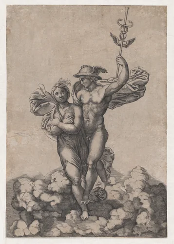 Mercury carrying Psyche to Olympus, after Raphael's composition in the Villa Farnesina, Rome by Giovanni Jacopo Caraglio, print, 1520-1539