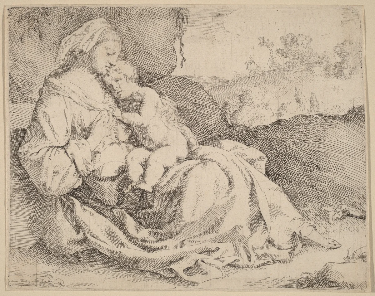 The Virgin and Child on a Grassy Bank by Jan Miel, print, 1599-1663