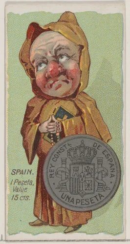 Caricatured Spaniard, 1 Peseta, from the series Coins of All Nations (N72, variation 2) for Duke brand cigarettes by W. Duke, Sons & Co., print, 1889