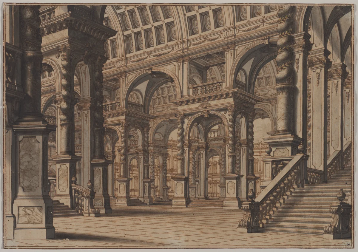 Monumental Vaulted Hall with Staircase by Giuseppe Galli Bibiena, drawing, 1725-1750