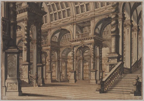 Monumental Vaulted Hall with Staircase by Giuseppe Galli Bibiena, drawing, 1725-1750