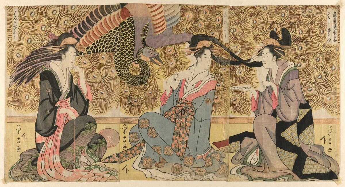 A parody of courtesans on display at the Ogiya (Ogiya mise yatsushi) by Chokosai Eisho, print, 1790-1800