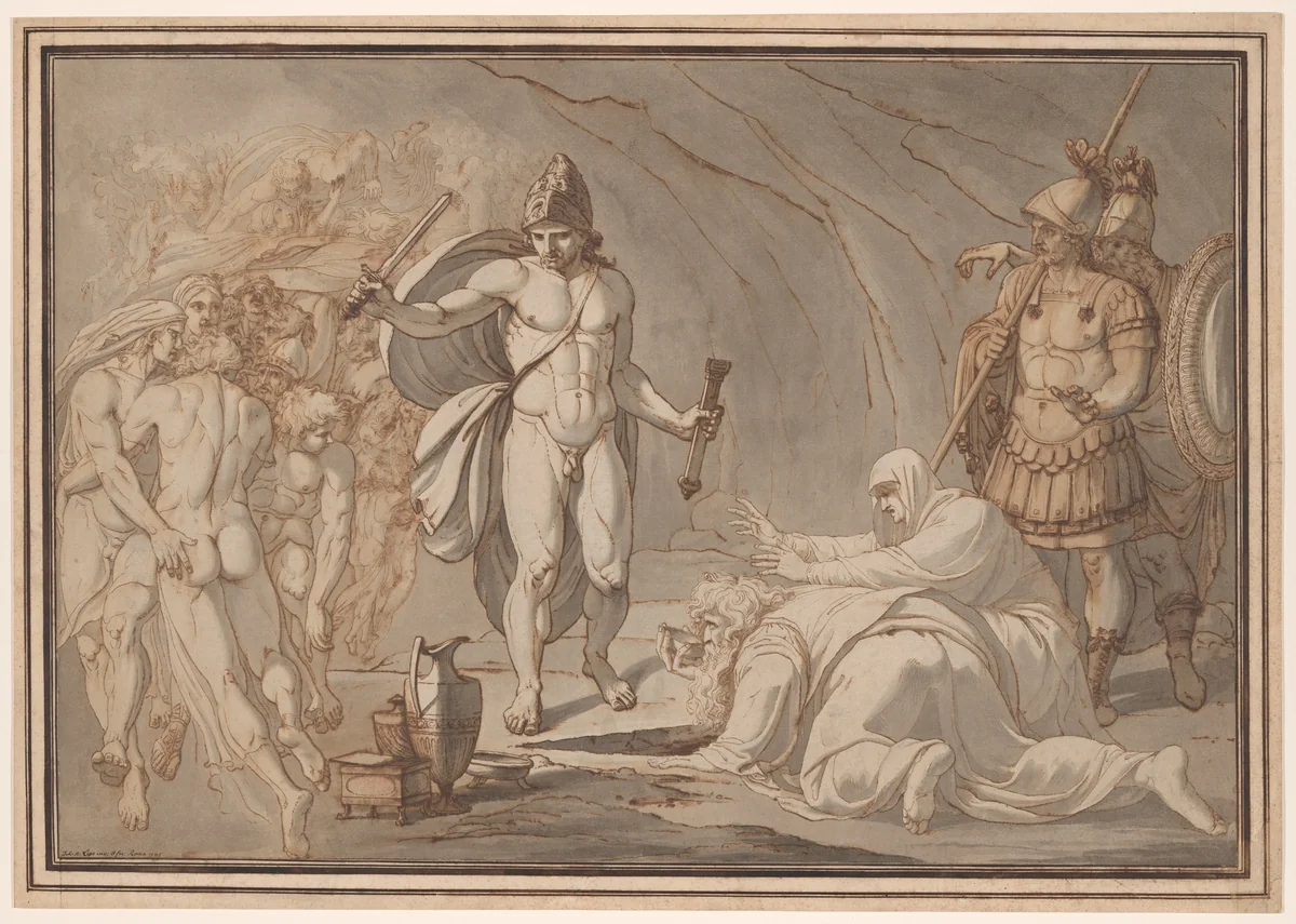 Odysseus, at the Doors of Hades, Meets the Shades of Tiresias and Anticlea by Johann Heinrich Lips, drawing, 1785