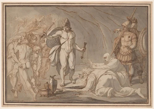 Odysseus, at the Doors of Hades, Meets the Shades of Tiresias and Anticlea by Johann Heinrich Lips, drawing, 1785