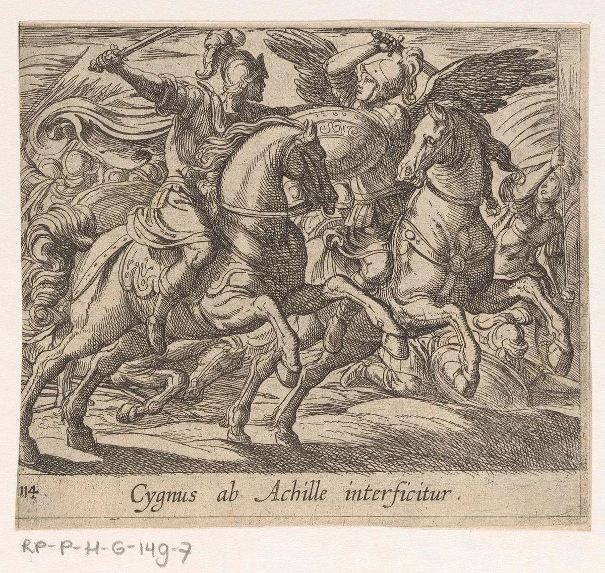 Achilles vecht met Cygnus by Antonio Tempesta, print, 1606-1638