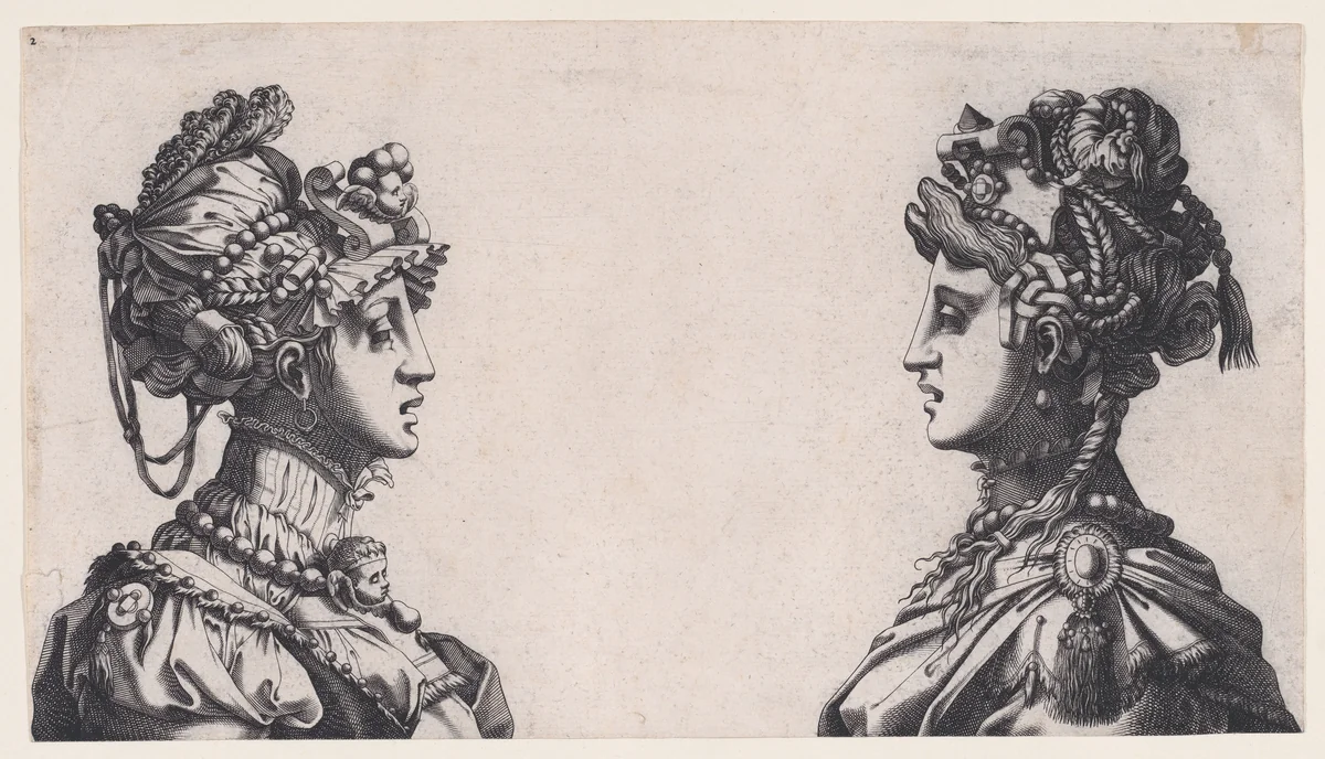Fantastical Female Heads by René Boyvin, print, 1525-1600