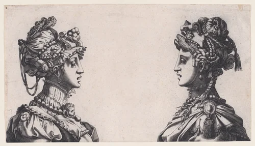 Fantastical Female Heads by René Boyvin, print, 1525-1600