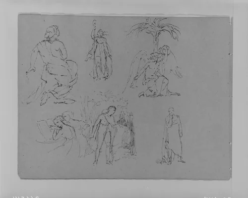 Six Figure Studies, Including an Angel Seated Beneath Palm Tree (from Sketchbook) by Thomas Sully, artwork, 1810-1820