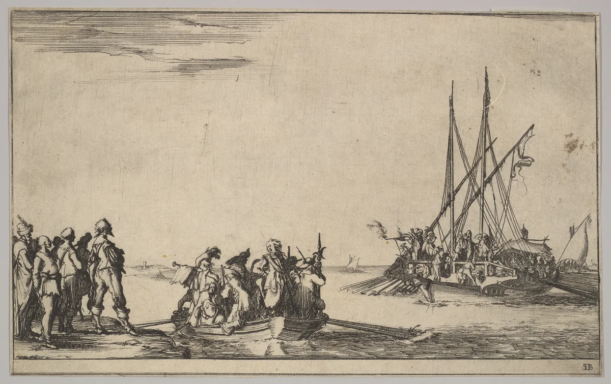 A rowboat full of men in center, a group of men standing on shore at left, a ship full of men, one firing a pistol, at right, from "Set of eight nautical landscapes" (Suite de huit Marines) by Stefano della Bella, print, 1639