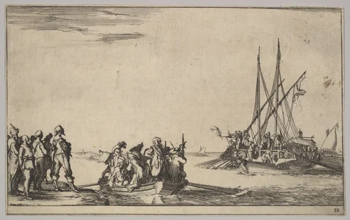 A rowboat full of men in center, a group of men standing on shore at left, a ship full of men, one firing a pistol, at right, from "Set of eight nautical landscapes" (Suite de huit Marines) by Stefano della Bella, print, 1639