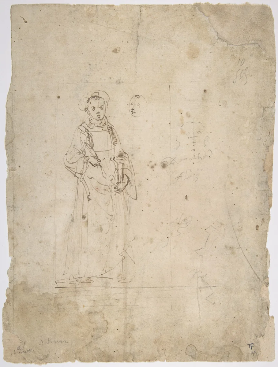 Standing Figure of Saint Stephen and the Head of Another Figure Within the Framing Outlines of a Rectangle, Crude Sketch of the Head of Another Figure, Undecipherable Sketch of a Polygonal or Circular Object with Small Projections by Domenico Ghirlandaio, drawing, 1492-1494