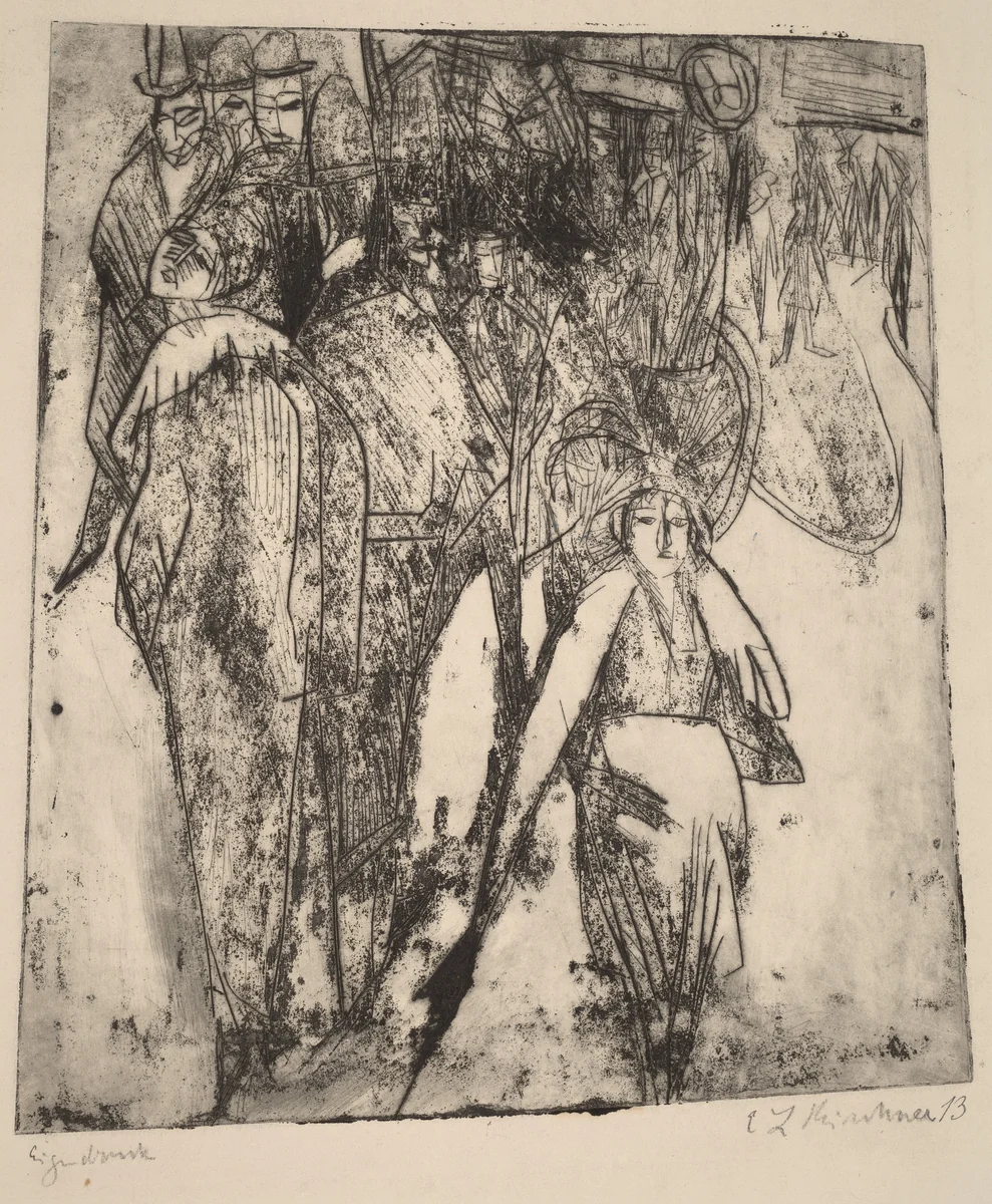 Street Scene with an Omnibus by Ernst Ludwig Kirchner, print, 1914