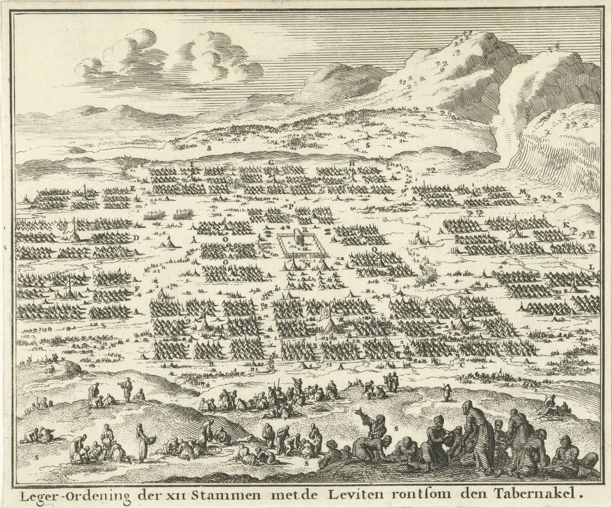 Tentenkampen van de twaalf stammen van Israël opgesteld rondom het tabernakel by Jan Luyken, print, 1683