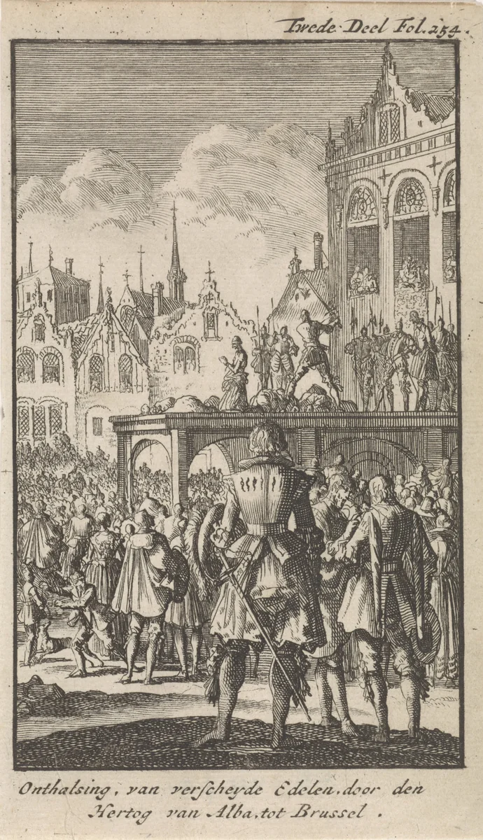 Onthoofding van de graven Egmond en Horne, 1567 by Jan Luyken, print, 1701