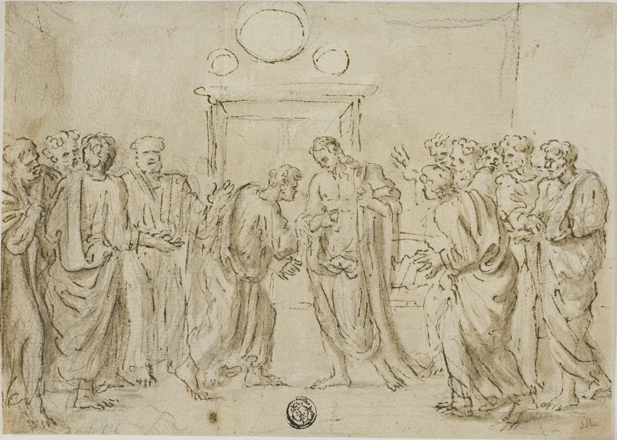 The Incredulity of Saint Thomas (recto); Sketches of Figures (verso) by Nicolas Poussin, drawing, 1614-1665