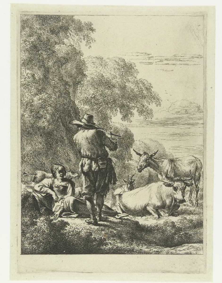 Fluitspelende herder by Nicolaes Pietersz Berchem, print, 1630-1683