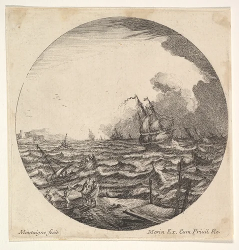 Tempest in a roundel composition, at left waves toss a small ship occupied by seven figures, ships and dark clouds beyond by Matthijs van Plattenberg, print, 1625-1660