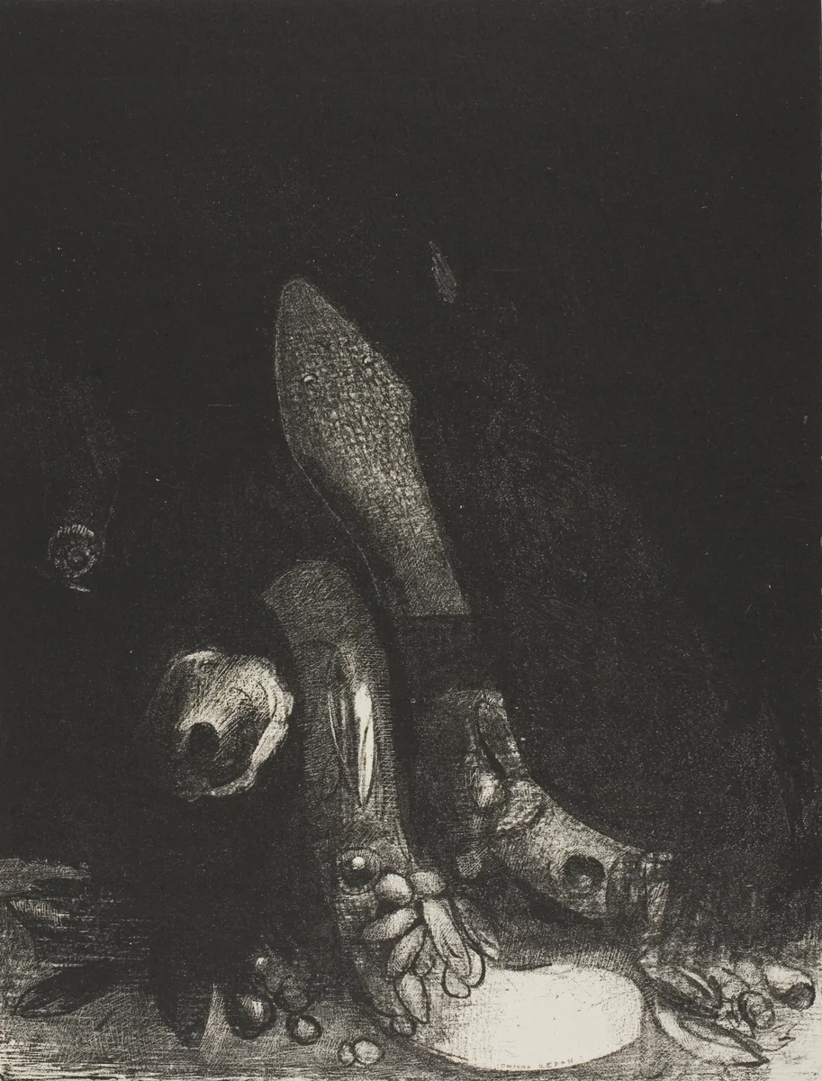 Flowers Fall and the Head of a Python Appears, plate 5 of 24 by Odilon Redon, print, 1896