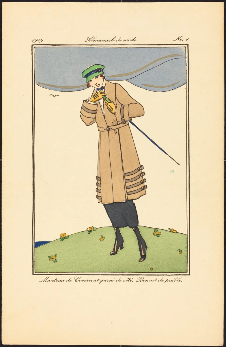 Manteau de Covercoat garni de côté. Bonnet de paille. by French 20th Century, print, 1919