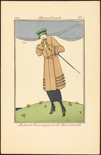 Manteau de Covercoat garni de côté. Bonnet de paille. by French 20th Century, print, 1919