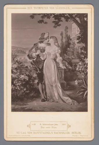 Reproductie van het schilderij 'Der erste Kuss' door C. Schweninger Jr., ter illustratie bij 'Der Trompeter von Säckingen' by anonymous, print, 1887