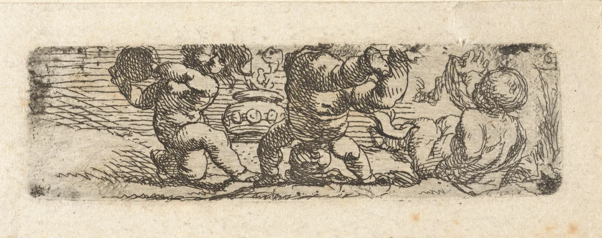 Drie naakte spelende kinderen by Cornelis Schut, print, 1618-1655