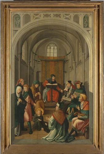 Panel of an Altarpiece with Dispute with the Doctors, on verso is Appearance of Christ to his Mother by Unknown, painting, 1520-1535