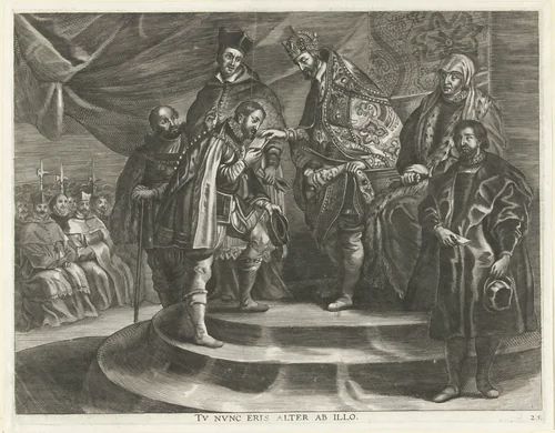 Karel V doet troonsafstand ten gunste van Fiilips II; intocht van Ferdinand te Gent in 1635 by Antony van der Does, print, 1635-1636