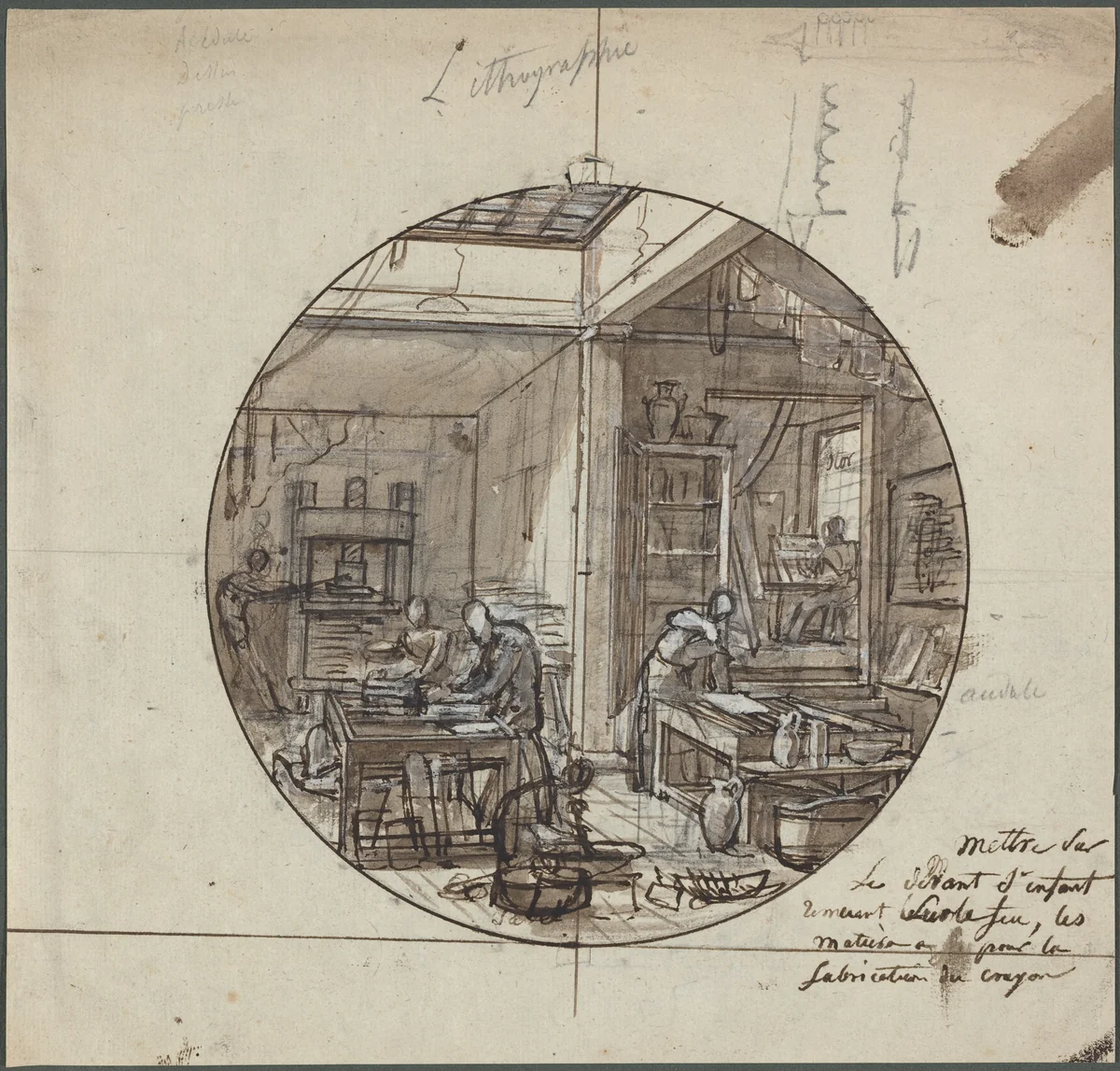 Lithographic Workshop by Jean Charles Develly, drawing, 1823-1833