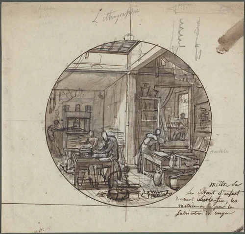 Lithographic Workshop by Jean Charles Develly, drawing, 1823-1833