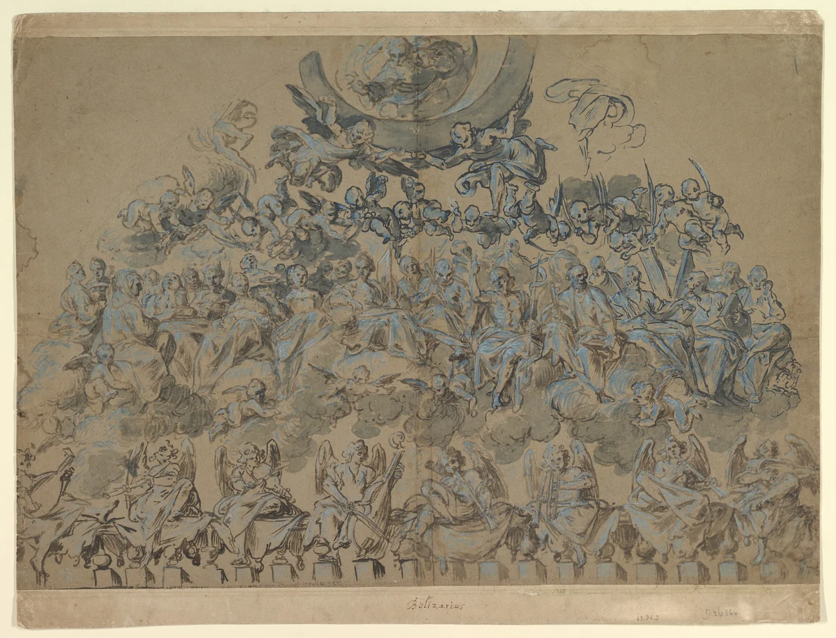 Study for the Decoration of an Apse: Saints and Angels in Glory with God the Father Above by Belisario Corenzio, drawing, 1590-1646