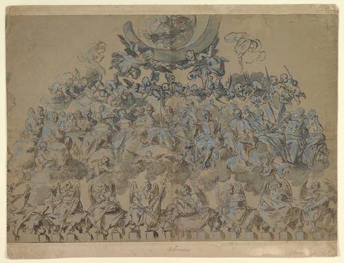 Study for the Decoration of an Apse: Saints and Angels in Glory with God the Father Above by Belisario Corenzio, drawing, 1590-1646