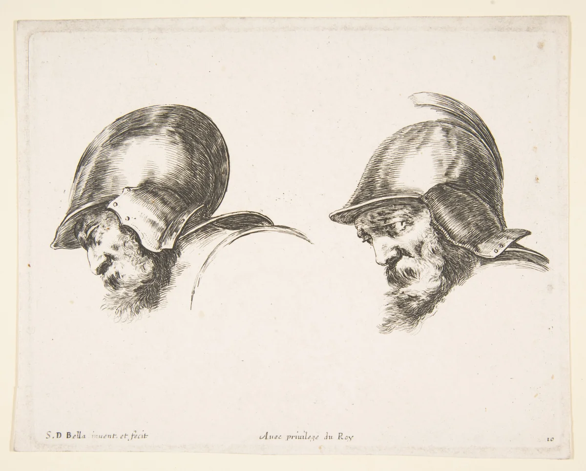 Plate 10: two heads of old soldiers wearing helmets, both facing left and looking downwards, from "The principles of design" (I principii del disegno) by Stefano della Bella, print, 1636-1646