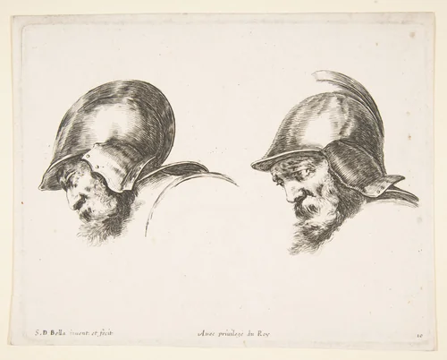 Plate 10: two heads of old soldiers wearing helmets, both facing left and looking downwards, from "The principles of design" (I principii del disegno) by Stefano della Bella, print, 1636-1646