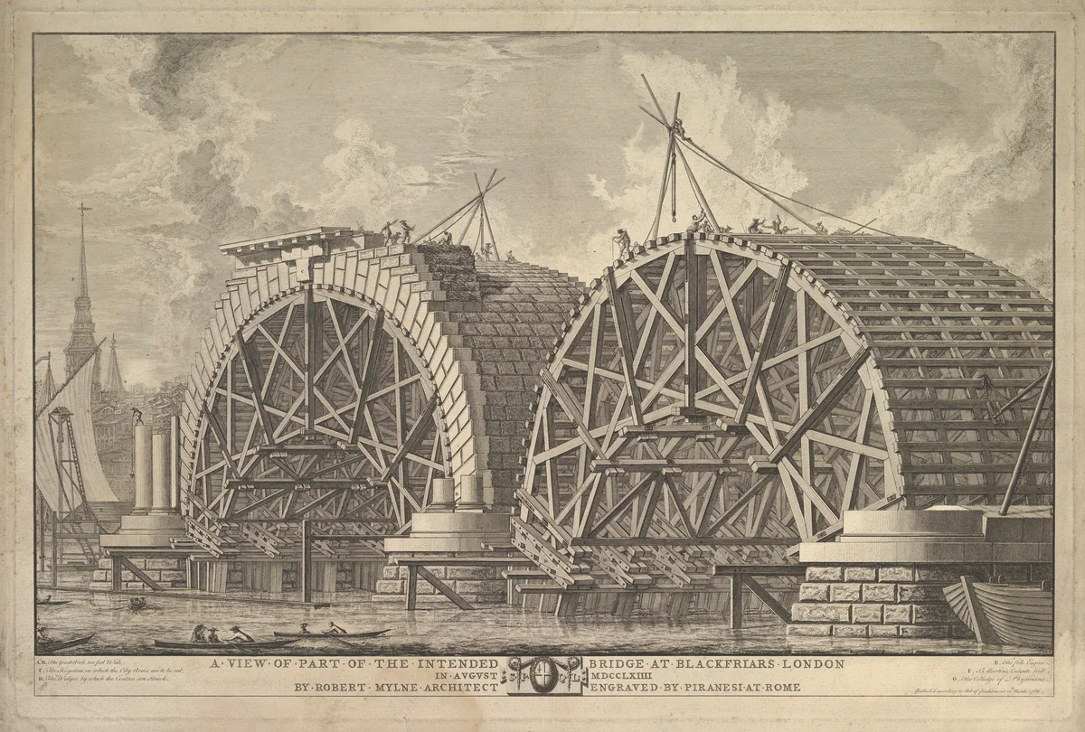 A view of part of the intended Bridge at Blackfriars, London by Giovanni Battista Piranesi, print, 1759-1769