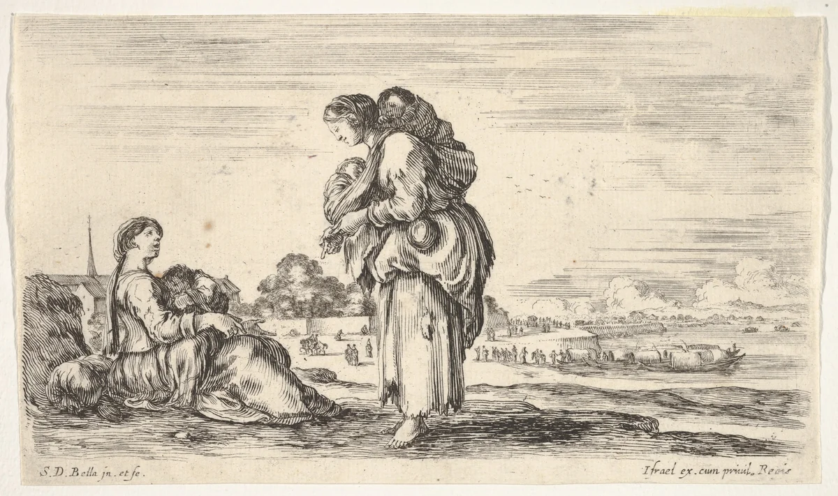 A woman seated to left holding a child, facing right in profile, conversing with a standing woman in center, carrying one child on her back and another in her arms, a church to left in background and boats to right in background, from "Various figures and lands" (Diverse figure e paesi) by Stefano della Bella, print, 1649