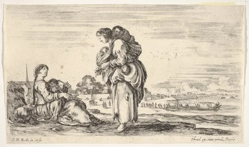 A woman seated to left holding a child, facing right in profile, conversing with a standing woman in center, carrying one child on her back and another in her arms, a church to left in background and boats to right in background, from "Various figures and lands" (Diverse figure e paesi) by Stefano della Bella, print, 1649