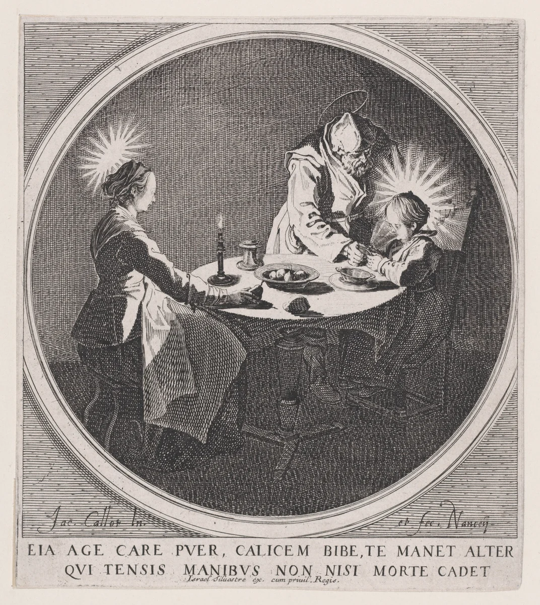 Le Benedicite, estampe appelée aussi La Sainte Famille a Table et St. Joseph Faisant Boire L'Enfant Jésus (The Grace, also called The Holy Family at the Table and St. Joseph Giving the Christ Child a Drink) by Jacques Callot, print, 1610-1635
