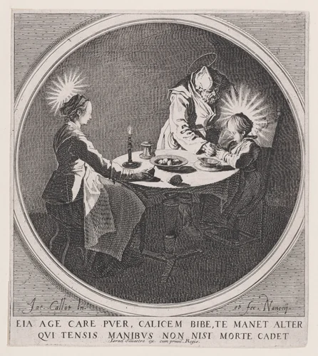 Le Benedicite, estampe appelée aussi La Sainte Famille a Table et St. Joseph Faisant Boire L'Enfant Jésus (The Grace, also called The Holy Family at the Table and St. Joseph Giving the Christ Child a Drink) by Jacques Callot, print, 1610-1635