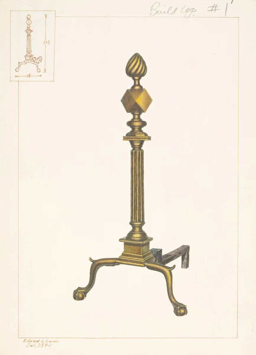 Brass Andirons by Edward L. Loper, index of american design, 1938