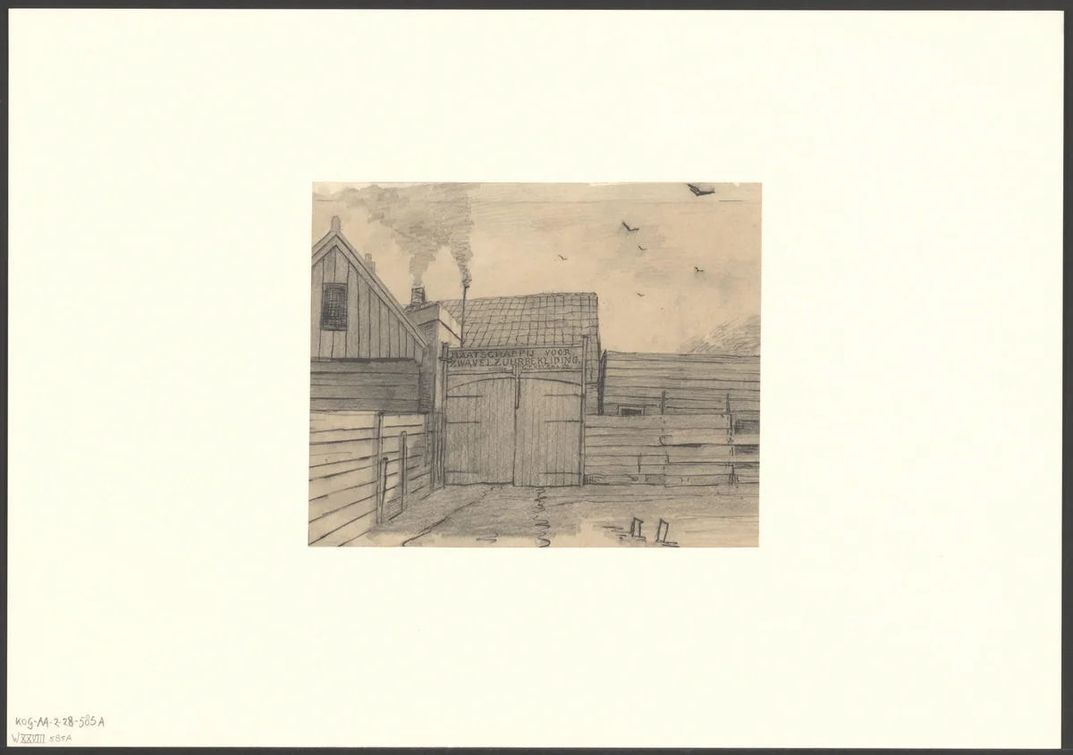 Gezicht op de zwavelzuurfabriek van Ketjen aan de Kostverlorenstraat by anonymous, drawing, 1880-1950